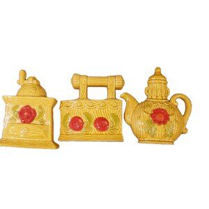 Set 3 Vintage Sexton Cast Wall Hanging MCM 70s Coffee Teapot Yellow Red Flowers